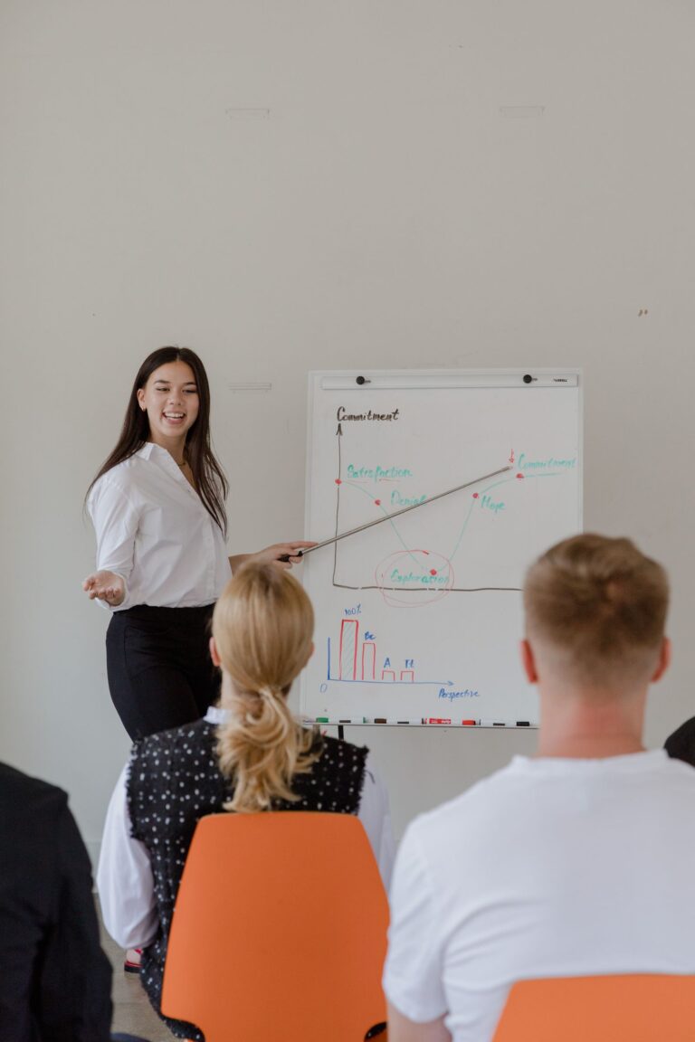 Femme qui présente un plan de contenus au tableau